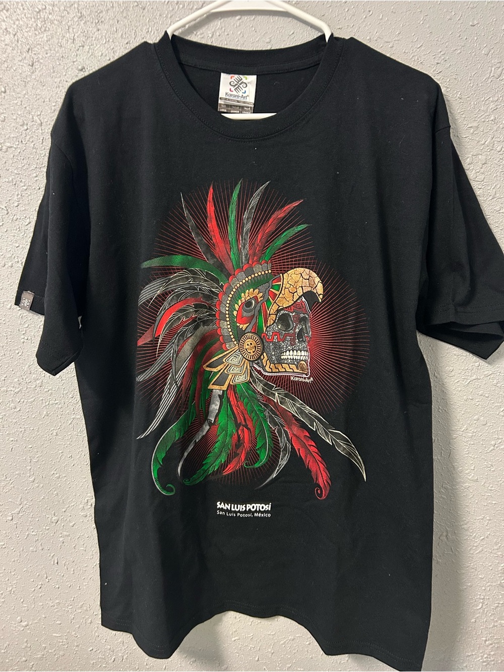 San Luis Potosí Black Tee with Red & Green Feather Skull